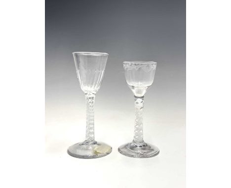 A George III cordial glass, with floral engraved bucket bowl, on a white opaque double twist stem, height 13.5cm, together wi