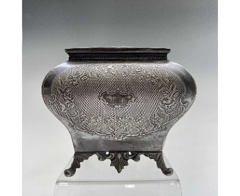 A Victorian silver plated tea caddy of bombe form, with engine turned floral cartouche decoration, William Wheatcroft Harriso