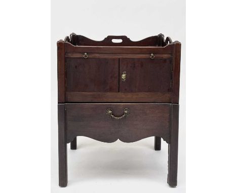 A George III mahogany tray top night commode, with a slide above two doors, with pull-out lower section with lidded pot and r