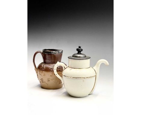 A Doulton Royle's patent self pouring teapot, height 21cm, together with a Victorian silver mounted stoneware harvest jug (2)