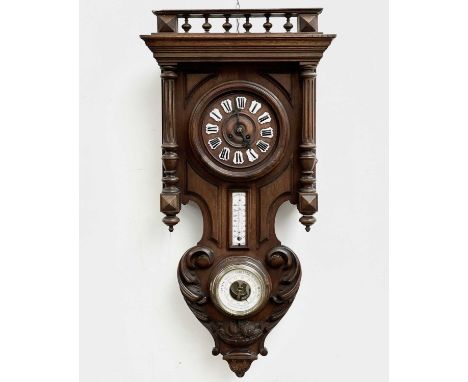 A French walnut cased eight day wall clock, the case also mounted with an aneroid barometer and a thermometer. Height 81cm.