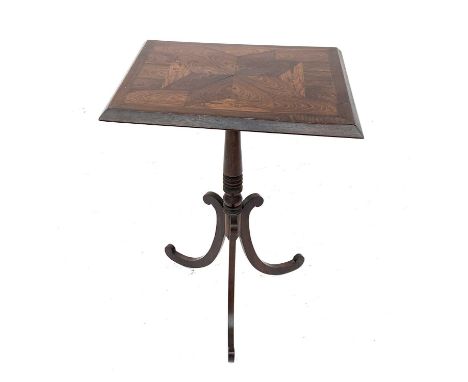 A rosewood and mahogany rectangular wine table, 19th century, with parquetry veneered top on a turned pillar and C scroll tri