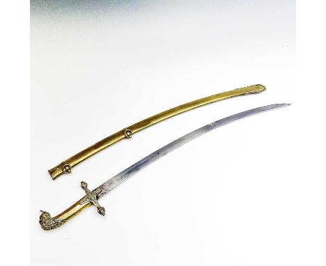 A Victorian brass sword, with 69cm single edged, slightly curved blade, one piece cast brass crossguard with pineapple termin