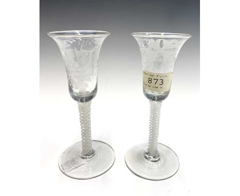 A pair of Georgian wine glasses, the bell shape bowls each engraved with a bird and grapes, on opaque spiral twist and gauze 