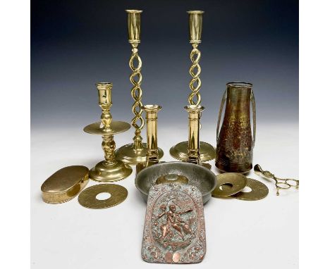 A 19th century Heemskirk brass candlestick, height 17.5cm, together with a pair of Victorian barley twist candlesticks and ot