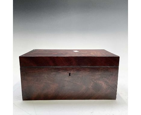 A William IV mahogany rectangular tea caddy, the interior with two hinged lidded compartments and a glass bowl. Width 30cm.Pr