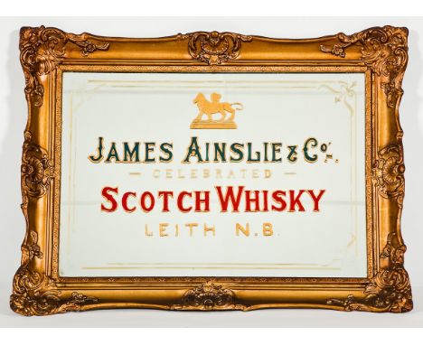 JAMES AINSLIE & CO WHISKY MIRROR
Framed whisky public house mirror. Embossed text reads, 'James Ainslie & Co. Celebrated Scot