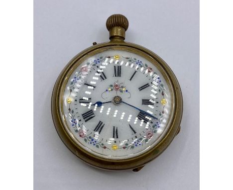 A Ladies pocket watch with enamel, floral themed face.