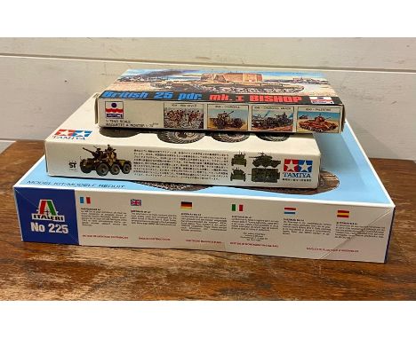 A selection of three boxed army tank model kits to include Tamiya British Army Saladin MKII, Esci British 25 Pdr Mk I Bishop,