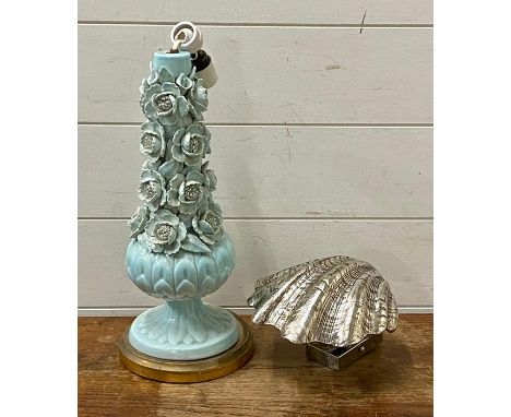 A teal table lamp (38cm H) with flowers decorations to sides along with a chrome shell style wall light 