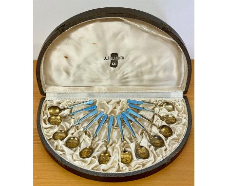 A Boxed set of twelve enamel and silver teaspoons, Finish 1950's (A.Tillander)