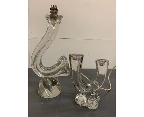 A glass table lamp sculpture and crystal glass candlestick 