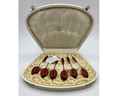 A suite of six red enamel, silver gilt spoons, circa 1920-1930 Norwegian 925 silver.