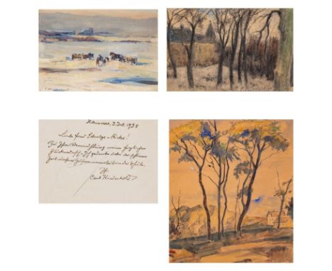 Carl Wiederhold1863 Hannover - 1961 Bückeburg - Pferdefuhrwerke in winterlicher Landschaft - Öl/Lwd. auf Hartfaser. 23 x 33 c
