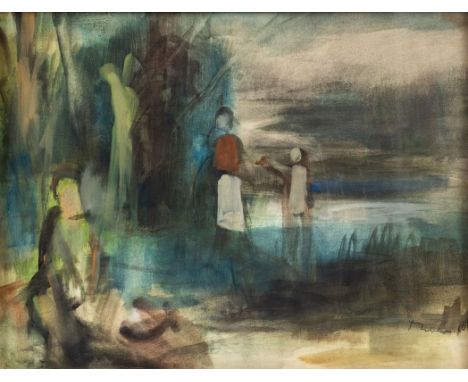 Ernst Thoms1896 Nienburg - 1983 Wietzen - Landschaft mit Figuren - Aquarell/Papier. 45 x 58 cm. Sign. und dat. r. u.: Thoms. 