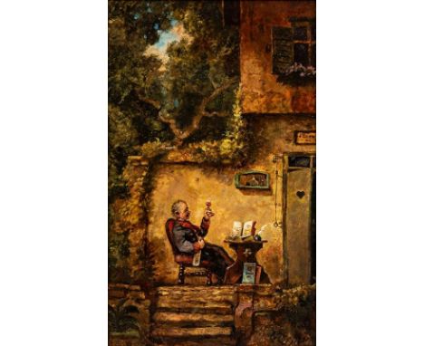 Willy Moralt1884 München - 1947 Lenggries attr. - Die Weinprobe - Öl/Holz. 34,8 x 22 cm. Bez. r. u.: W. Moralt. Zierrahmen. -