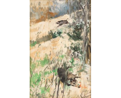 Christian Johann Kröner1838 Rinteln - 1911 Düsseldorf - "Sau-Treibjagd vom Schützenstand aus" - Gouache/Papier (angestückt). 