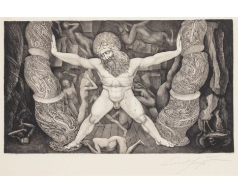 Ernst Fuchs1930 Wien - 2015 Wien - "Samson zerstört den Tempel Dagons" - Radierung/Papier (Mittelfalz, rückseitig Ornament-Il