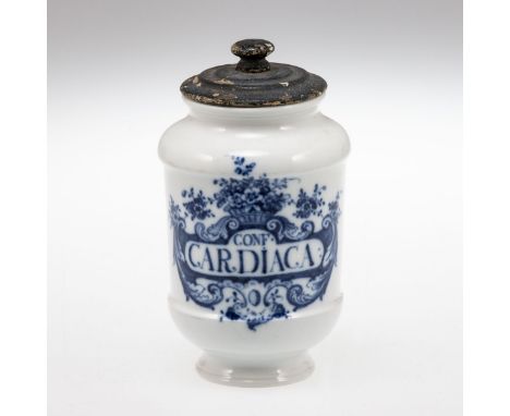 Seltenes Apothekergefäß für SalbenFürstenberg, um 1770. - CONF CARDIACA - Porzellan, weiß, glasiert. Unter der Glasur blau be