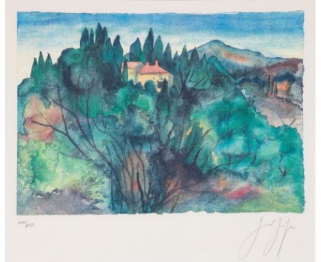 Günter Grass1927 Danzig - 2015 Lübeck - Südliche Landschaft mit Häusern - Farbige Algrafie/Papier. 148/150. 24,5 x 34,6 cm, 3
