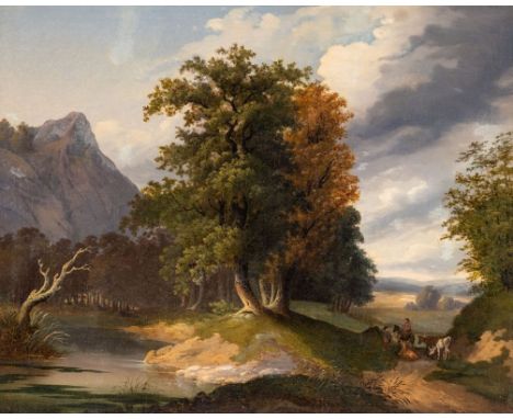 Carl Maria Nicolaus Hummel1821 Weimar - 1907 Weimar - Gebirgige Flußlandschaft mit Rastenden - Öl/Lwd. 40,4 x 50,3 cm. Monogr