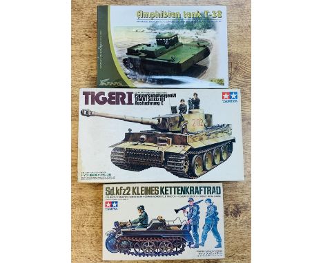 2x Tamiya 1:35 Scale Kits Including Tiger Tank, German half Track &amp; 1x 1/35 Scale T-38 Tank Kit