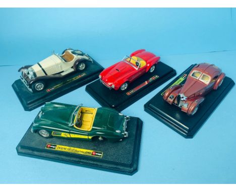 4x Burago 1:24 Scale Model Cars on Plinths to include: AC Cobra, Jaguar XK120, Mercedes SSk &amp; Bugatti Atlantic