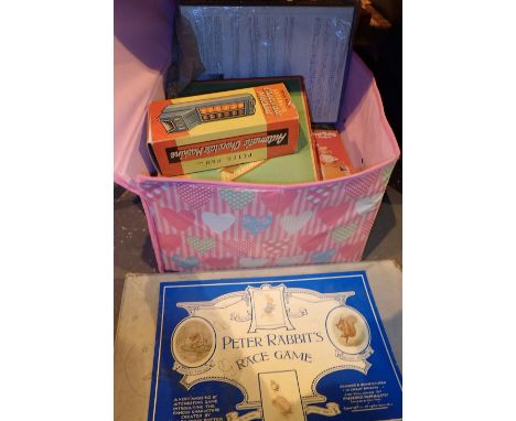 Box of vintage toys including 1950s Peter Rabbit board game