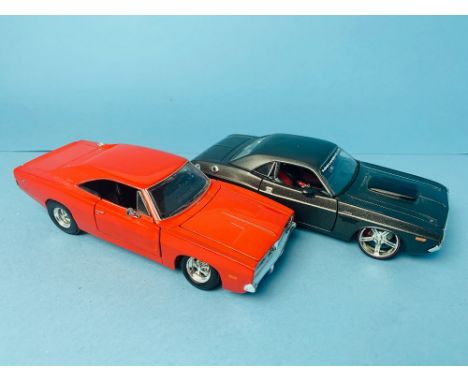 2x Maisto 1:24 Scale 1969 Dodge Charger (orange), 1970 Dodge Challenger (grey) both unboxed