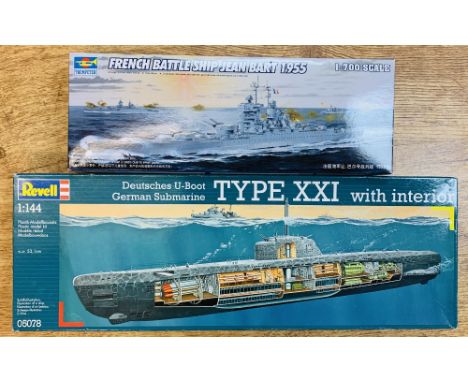 2x Battle Ship Model Kits including 1:144 Revell German U Boat Submarine &amp; Trumpeter 1:700 Scale Jean Bart 1955 Battle Sh