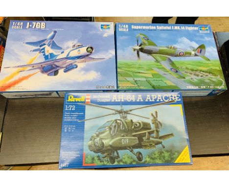 3x Model Kits including Trumpeter 1:48 Scale Spitfire, J-7GB &amp; Revell 1:72 Scale Apache Helicopter All Boxed