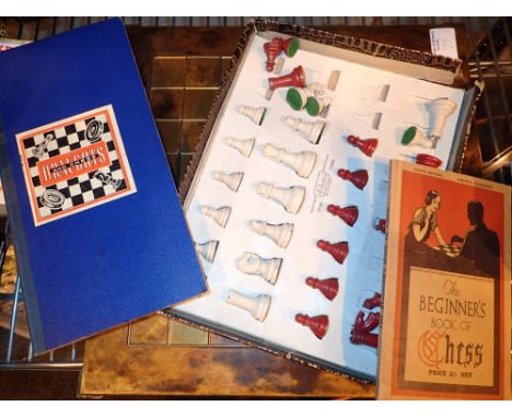 Vintage hand painted chess set with two boards and a 1921 rules of chess book