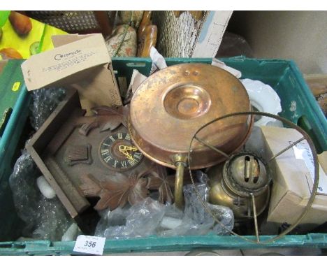 A box of assorted sundries, to include cuckoo clock, oil lamp, etc.