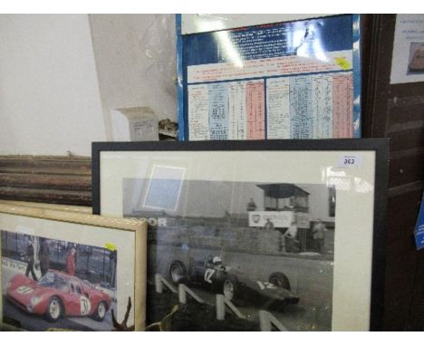 A Kleber Colombes enamel garage chart, height 33ins x width 13ins, together with two motoring pictures