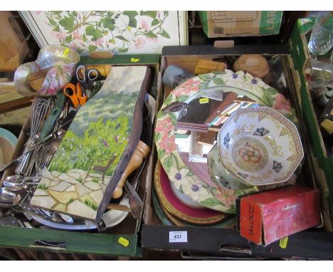 Two boxes of sundry china, cutlery, etc. to include Spode bowl