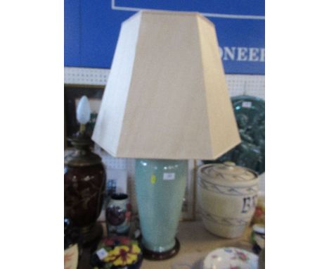 A green celadon porcelain table lamp, with shade, overall height 31.5ins