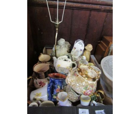 A box of assorted sundries, to include tea pots, jugs, lamp, figure, etc.
