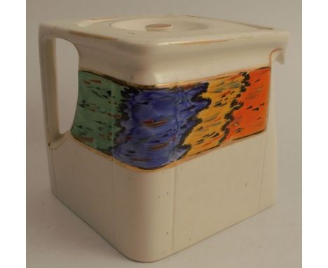 An Art Deco Cube teapot, made by Clews &amp; Co Ltd, for the Cube Teapot Co, Leics, having gilt decoration, and two panels of