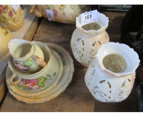 A Locke &amp; Co Worcester blush ivory trio, and jug, all decorated with flowers by Bach, together with a pair of Locke &amp;