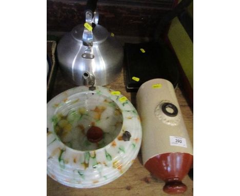 A hot water bottle, ceiling shade, kettle and case fish knives and forks