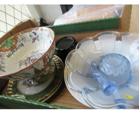 A box of sundry china and glass, to include art deco style centre piece