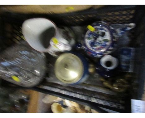A box of sundries to include tea pot, lamp, Wedgwood examples, etc.