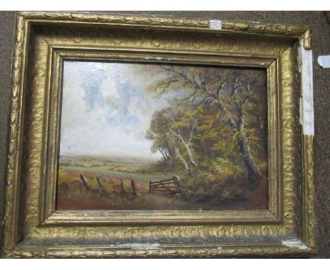 An oil on artist board, landscape with trees and gate, 7ins x 10ins