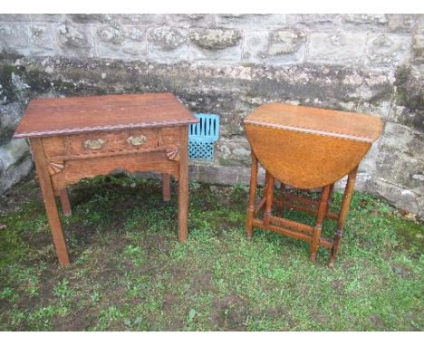 An oak side table, fitted with a frieze drawer, width 29ins x depth 20.5ins x height 28.5ins, together with a gate leg table,