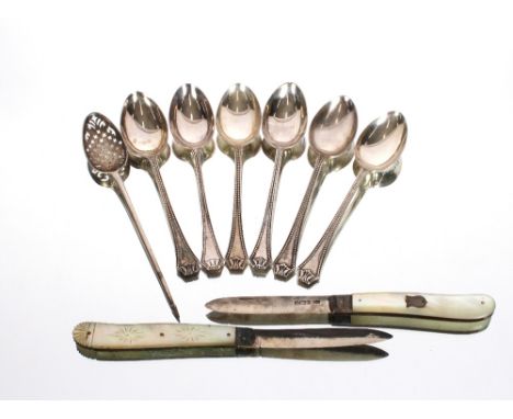 Six silver bead edge teaspoons, various dates; a mote spoon, unmarked but initialled E.U.; and two silver bladed pen knives w