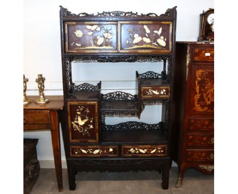 A Meiji period Japanese Shodana cabinet decorated in the Shibayama manner with lacquered mother of pearl and bone decorated p