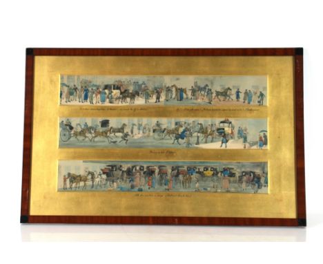A set of three coloured coaching prints with inscriptions, framed as one, each print 9cm x 55cm