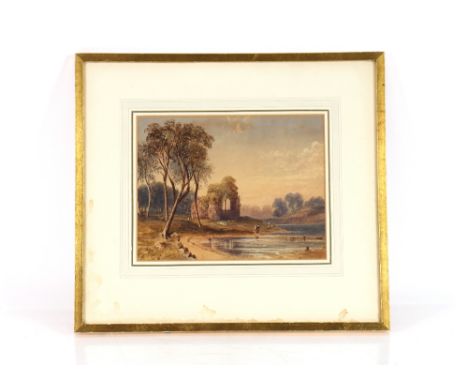 19th Century school, study of figures beside a river in front of ruined church, unsigned watercolour, 20cm x 26cm; and Henry 