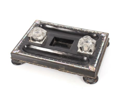 A Victorian Papier Mâché and mother of pearl desk stand, 31cm wide&nbsp;