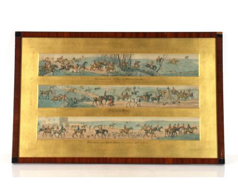 A set of three humorous coloured hunting prints, framed as one, each print, 8cm x 55cm 